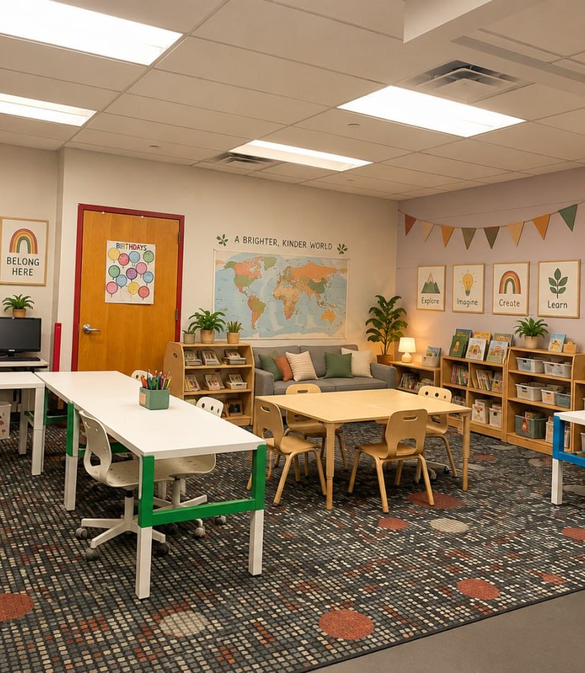 A Barclay Preschool classroom with bookshelves, small tables and a cozy reading corner